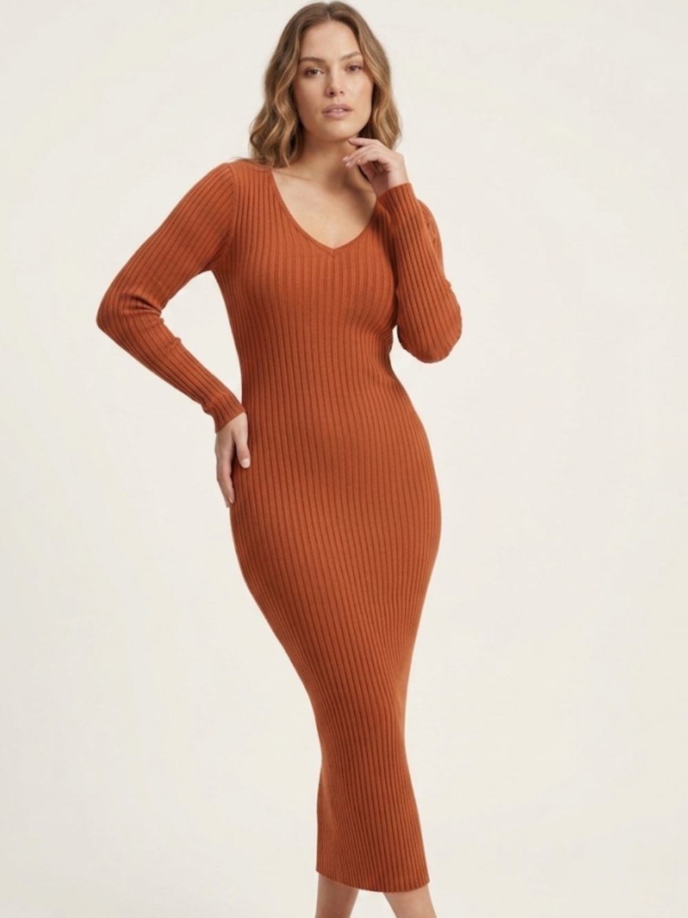 Pretty Little Thing Ribbed Burnt Orange Midi Long Sleeve Dress XS-M